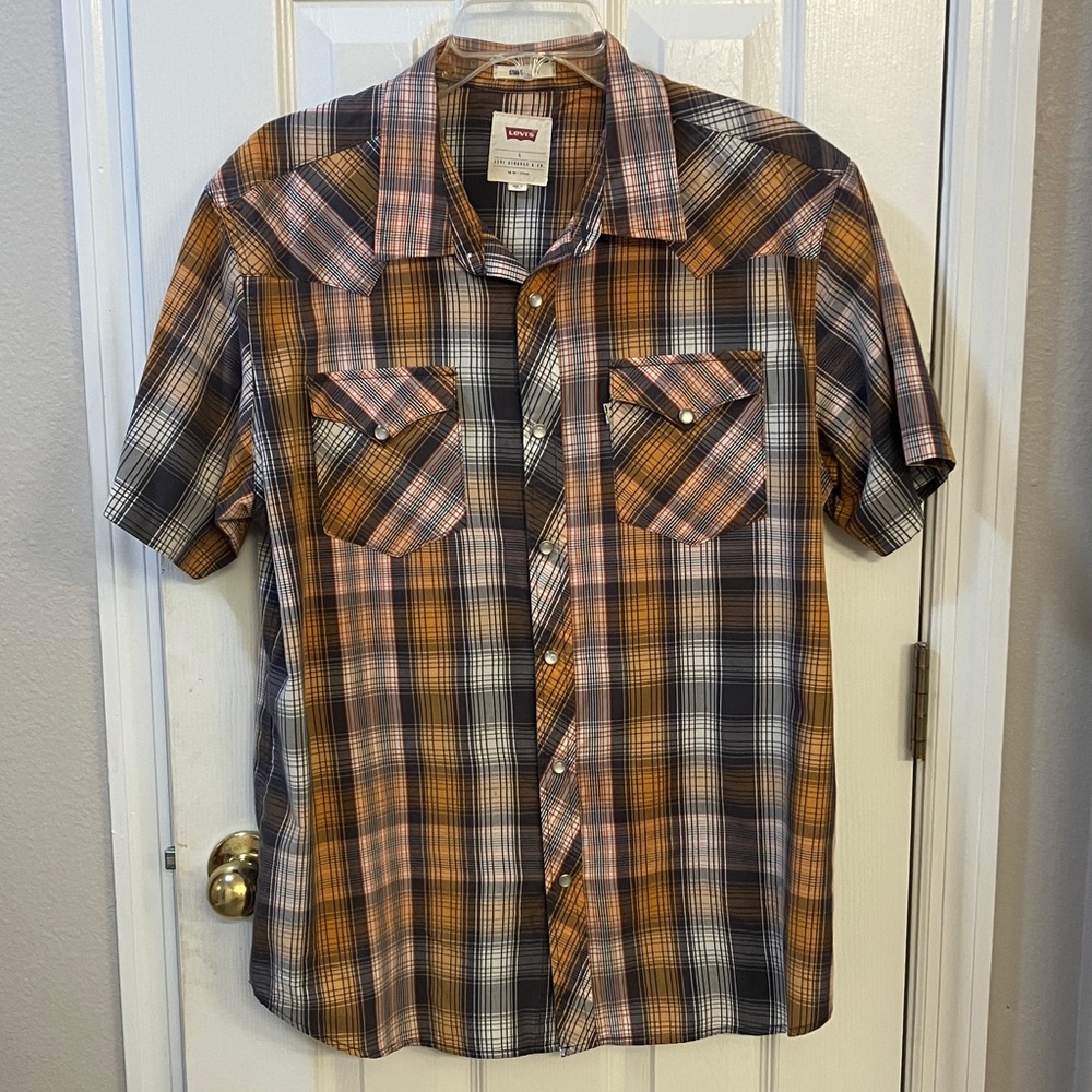 Levi's Men's Casual Plaid Shirt - Orange, Black, White Size L